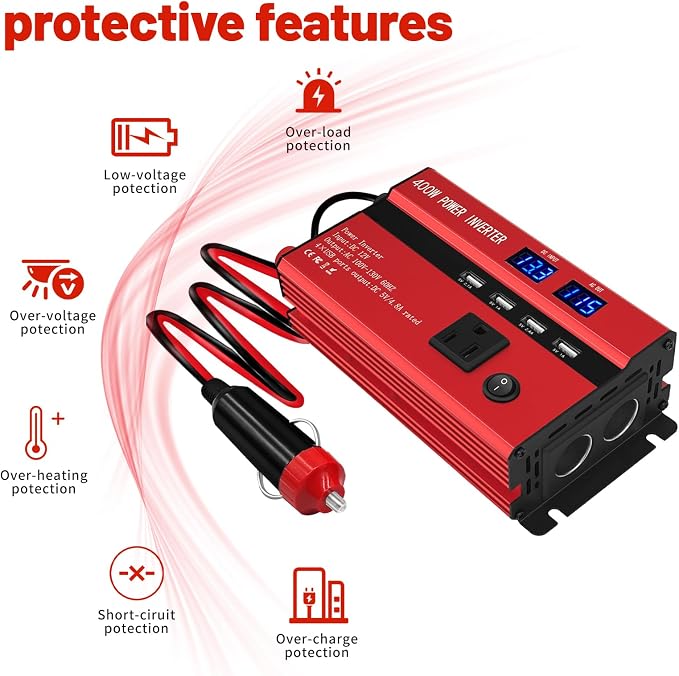 400W Power Inverters for Vehicles, Car Power Inverters DC 12V to 110V AC Car Plug Adapter Outlet with 2 Type-C (Equip with 2 USB), Fast Charger for Phone, Laptop (Red, 400W)