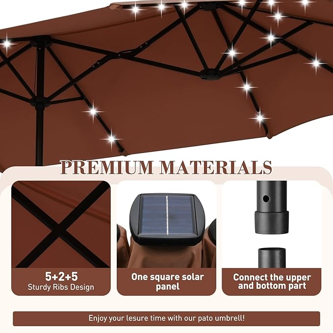 13 ft Patio Umbrella with 36 LED Lights, Large Rectangle Outdoor Solar Umbrella with Strap, Crank, Coffee