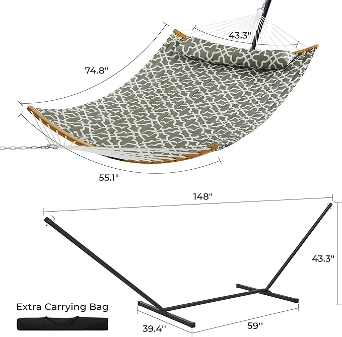 SUPERJARE Hammock with Stand, 2 Person Heavy Duty Hammock with Padded Cotton, Detachable Pillow & Strong Curved-Bar & Portable Carrying Bag, Perfect for Outdoor & Indoor, Grey with White Flower