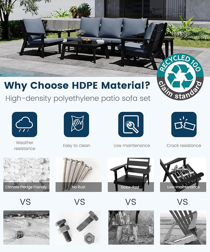 FOOWIN 4-Piece Patio Furniture Set, HDPE All-Weather Outdoor Conversation Set with Thick Cushions, Sectional Patio Sofa Furniture for Deck, Porch, Lawn, Garden, Black Frame & Grey Cushion