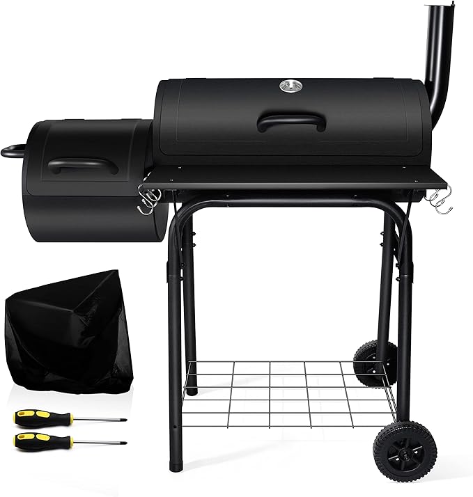 Outdoor Charcoal Grill with Smoker, Leonyo 14Inch Wide Charcoal Grill with Offset Smoker for Backyard Party Cooking, 438 Sq.in. BBQ Cooking Surface,Black