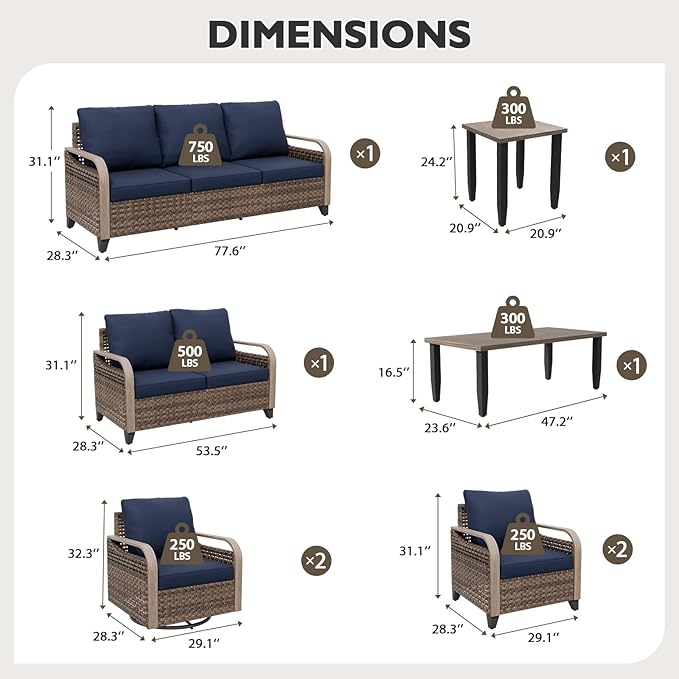 EAGLE PEAK Modern Wicker Outdoor Patio Furniture Set, Patio Conversation Set, 2 Chairs, 2 Swivel Rocker Chairs, 3-Seat Sofa, Loveseat, Coffee Table and Side Table, 8 Pieces, Brown/Blue