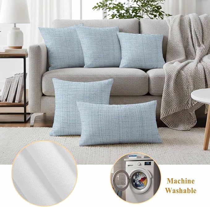 Outdoor Waterproof Throw Pillow Covers Set of 2 Blue Linen Texture Pillowcases 26x26 Inches Solid Color Decorative Pillows Cushion Case Patio Pillows for Couch Bed Chair Garden