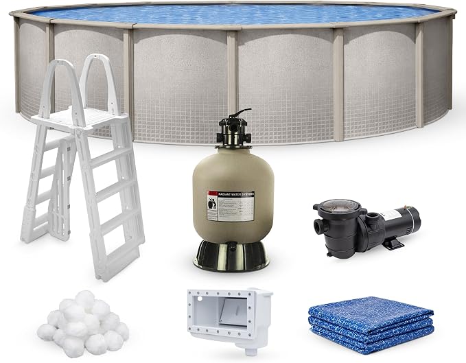 Lake Effect Pools 'Impressions' 21 ft Round Above Ground Swimming Pool Bundle | 48 Inch Height | Steel Sided Walls | Kit Includes: 25 Gauge Liner, A-Frame Ladder, Sand Filter/Pump, & Skimmer