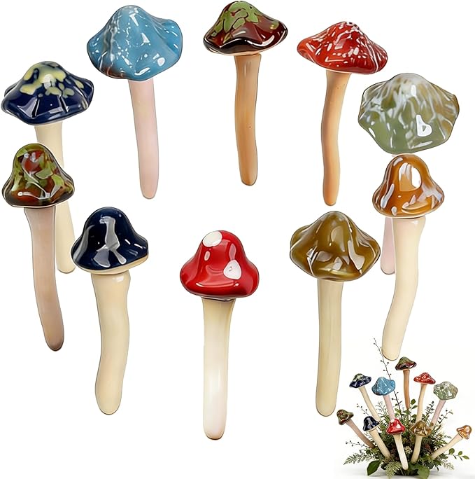 10 Pack Ceramic Mushroom Garden Decor, Outdoor Fairy Garden Ornament | 4.7" Tall Pottery Mushroom Statues, Colorful Outside Decorations for Yard, Lawn, Patio, Indoor Plant Flower Pots