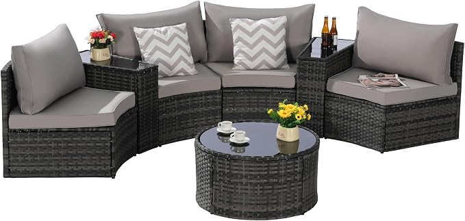 Eafurn 7 Pieces Outdoor Patio Conversation Furniture Sets All Weather Wicker PE Rattan Half-Moon Curved Sectional Sofa with Round Coffee Table, 4 Pillows & Waterproof Cover for Backyard