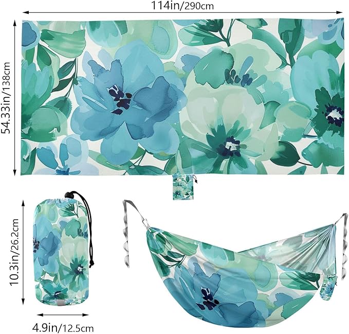 Mint Green and Blue Flowers 330lb Capacity Hammocks for Camping with Hanging Rope Backyard Hammock for Camping Travel Accessories hamacas para adultos con soporte