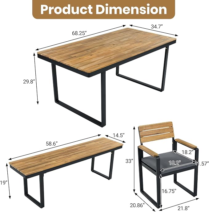 NicBex 6-Piece Patio Dining Set, Outdoor Table and Chairs for 6, Acacia Wood & Metal Frame with Umbrella Hole, Comfortable Cushions & Adjustable Feet, for Garden, Backyard, or Porch, Gray Cushions