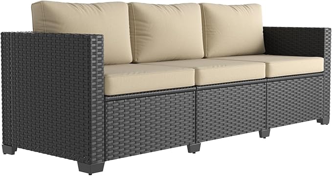 Aoxun 1 Piece 3-Seats Sofa Patio Furniture Set, Wicker Outdoor Furniture Conversation Set with 4" Thick Cushions for Deck Yard and Poolside Beige