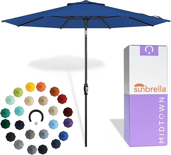 Midtown Umbrellas – The Swilt 9 Ft Patio Umbrella with 360° Swivel & Tilt Mechanism, Sunbrella Fabric & 8 Fiberglass Ribs – Outdoor Umbrella for Deck, Pool & Cafes – Dark Blue Canopy, Black Pole