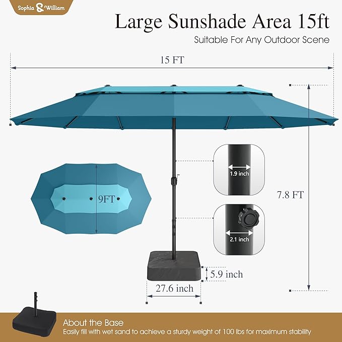 Sophia & William 15ft Extra Large Patio Umbrella with Base Included, 2-Tier Double-Sided Rectangle Outdoor Umbrella with Stand, Market Umbrella for Pool Garden Backyard, Blue & Cerulean