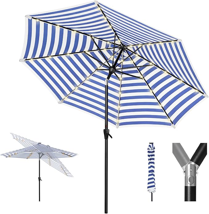 Tempera Solar Patio Umbrella 40 LED Lighted Outdoor Umbrella Table Market Umbrella with Push Button Tilt and Crank, Solar Umbrella with Sturdy Pole&Fade Resistant Canopy, Easy to Set
