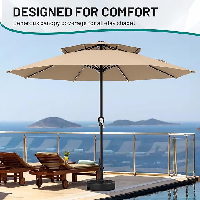 AreShark 12ft 2 Tiers Patio Umbrella - Outdoor Umbrella Waterproof UV Protection, Market Table Umbrella w/ 8 Sturdy Ribs&Crank for Pool, Porch, Garden(Beige)