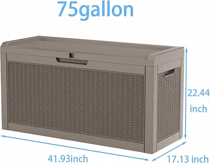 75 Gallon Outdoor Deck Storage Box, Weather Resistant Rattan Style Lockable Storage Container for Patio, Poolside & Backyard Large Space Organization (Grey, 75GAL)