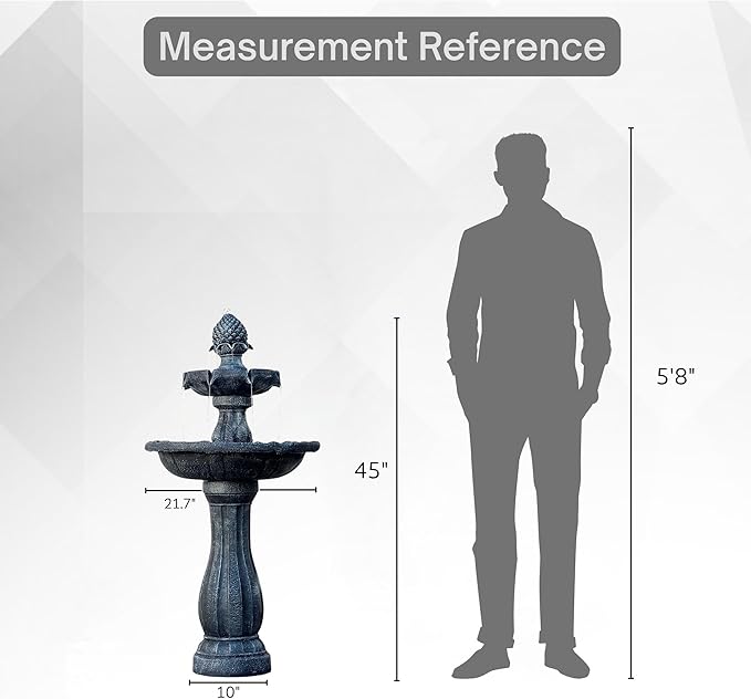 XBrand 44" Solar Powered 2-Tier Outdoor Water Fountain, Fiberglass Resin Fountain with Solar Panel Pump and Auto Shut-Off, Gray