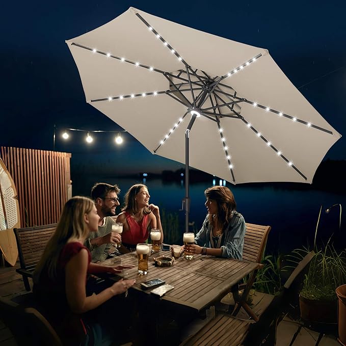 FLAME&SHADE 2 Tiers 9ft Solar Light Patio Umbrella, 40 LED lights outdoor umbrella with Centre Surround Light, Table Market Umbrella for Deck, Pool, Porch, Backyard, Garden (Taupe)