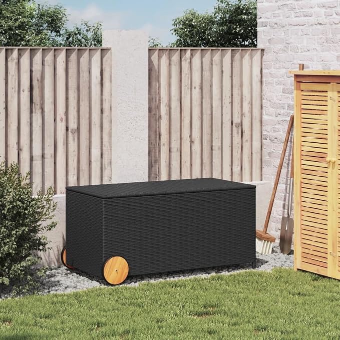 50.2 Gal Wicker Garden Storage Box with 2 Wheels, Patio Rattan Deck Box, Outdoor Wicker Storage Box, Patio PE Rattan Storage Container, Black Poly Rattan,-911