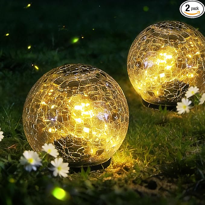 2 Pack Solar Path Lights Outdoor, Cracked Glass Globe with Light Control, IP67 Waterproof Solar Garden Lights, Warm Yellow & 4-Color LED Ball Lights for Yard, Patio, Lawn & Holiday Decor