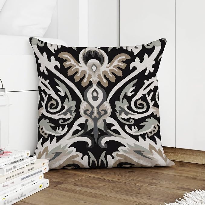 Cushion Cases Ikat Black Brown Pillows Rustic Euro Sham Charcoal Pillow Cover Accent Farmhouse Decor Pillow for Couch Tent Park 16x16 in