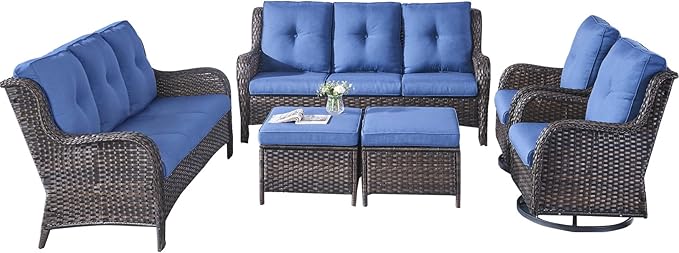 Rilyson Wicker Patio Furniture Set - 6 Piece Rattan Outdoor Sectional Conversation Sets with 2 Rocking Swivel Chairs,2 Ottomans and 2 Sofa for Porch Deck Garden(Brown/Blue)