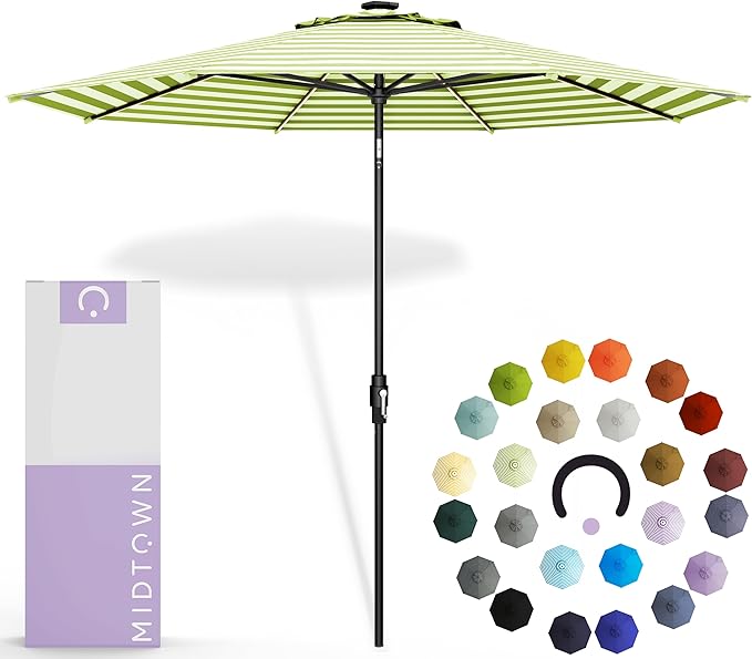 Midtown Umbrellas The LED Swilt 9 Feet Patio Umbrella With Terylast Pear Stripes (Green/White) Polyester Fabric - Auto-Tilt Aluminum Frame With LED Lights For Backyard, Deck, Garden, Pool - Black Pole