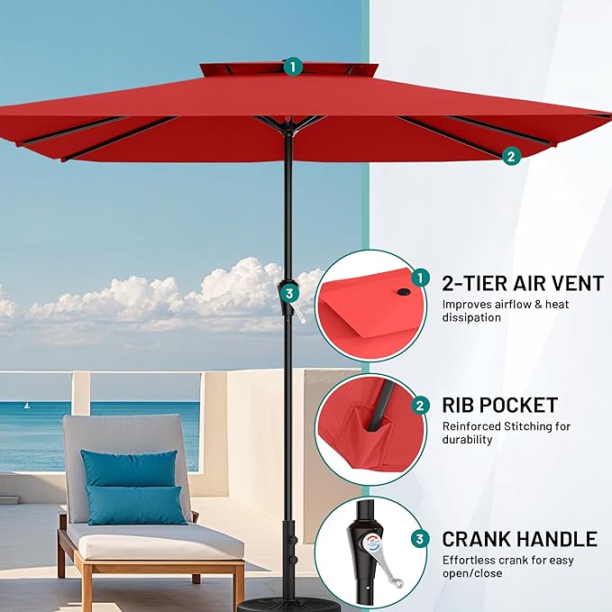 AreShark 8'x10' 2 Tiers Rectangular Patio Umbrella - Outdoor Umbrella Waterproof UV Protection, Market Table Umbrella w/Crank for Pool, Backyard, Deck(Red)