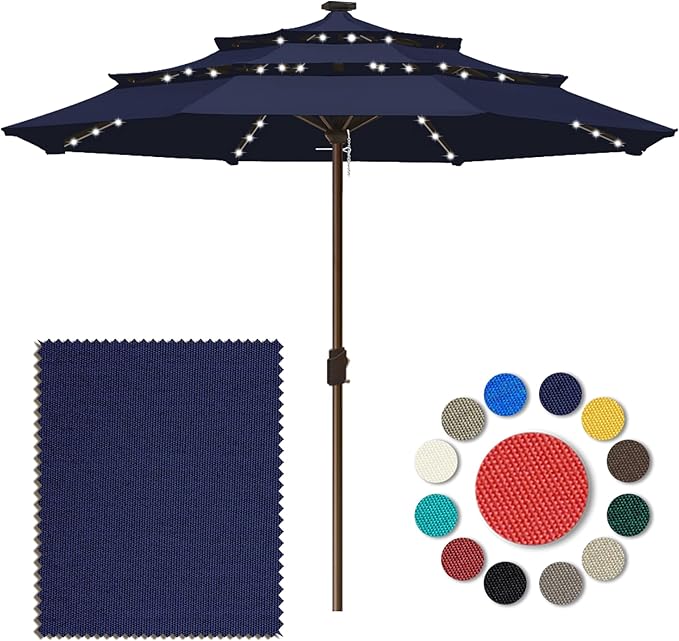 Eurmax USA 10-Year-Non-Fading 10FT 3-Tier Outdoor Patio Market Umbrella with LED Lights,UPF50+ UV Resistant,Commercial Grade,Crank Lift Design,Windproof Vented Top for Garden,Pool,Deck,Navy Blue