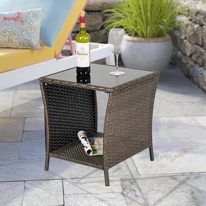Outdoor Small Patio Table - PE Rattan Coffee Table, Wicker Side Table for Patio, Balcony & Porch, Durable & Iron Frame (1, Dark Blonde)