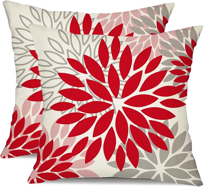 DFXSZ Outdoor Waterproof Pillow Covers 20x20 Set of 2 Red Pink Grey Flower | Spring Summer Waterproof Flower Throw Pillowcases（No Inserts）Decor for Valentines Patio Funiture Garden Polyester Covers