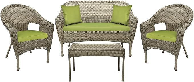 Jeco W00402G-G-FS029 Set of 4 Resin Wicker Clark Conversation Set, Grey, Sage Green Cushion