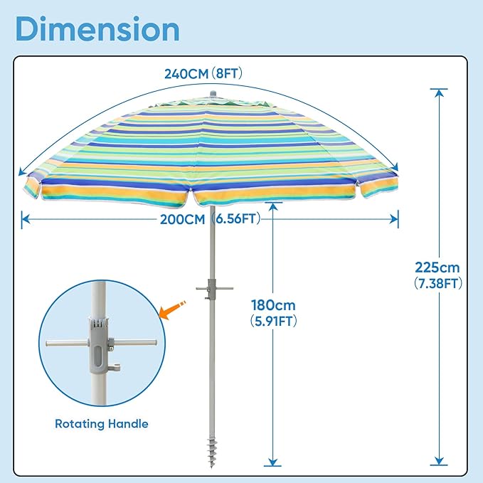 Beach Umbrella w/Sand Anchor & Tilt, Heavy Duty Wind Outdoor Umbrellas with Air Vents Design & Carry Bag, UV 50+ Protection Portable Sun Shade for Patio, Pool, Garden