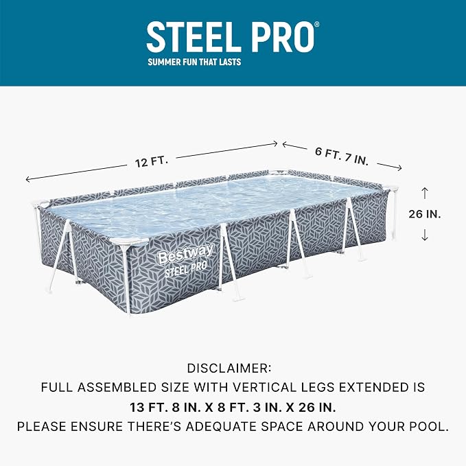 Bestway Steel Pro 12' x 6' 7" x 26" Rectangle Above Ground Outdoor Swimming Pool Set with DuraPlus Liner and FrameLink System, Gray