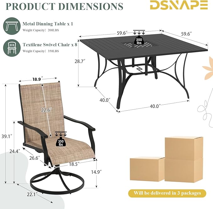 9 Pieces Patio Table and Chairs Set, 59.6" Square Dining Table with Umbrella Hole,8 High Back Textilene Swivel Chairs,Dining Table Set for 8,Outdoor Furniture for Porch Deck Yard Balcony, Brown