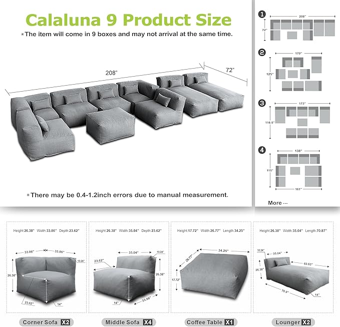 Patio Furniture Set Bean Bag 9 Pieces Outdoor Chairs Sectional Conversation Patio Set Daybed Furniture Outdoor Sofa Couch High Density Foam Filling Modern Comfy Patio Couch, Dark Gray