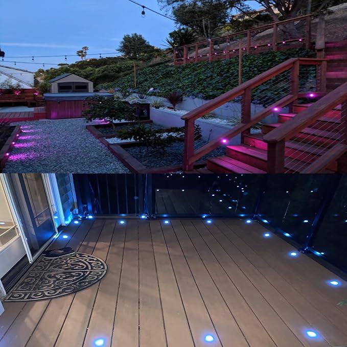 LED Outdoor Deck Lights Kits, Φ1.18in RGB 20 Pack Silver, Low Voltage 12 Volt DC IP67 Waterproof, Multi Color Changing Remote Dimmable, Electric Wired Recessed Stair Step Landscape Lighting