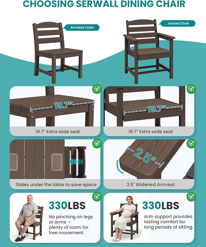 SERWALL 59" HDPE Patio Dining Set for 6, w/ 1 Table & 6 Armchairs, Coffee | All Weather Resistant HDPE Dining Sets for Patio, Garden, Backyard