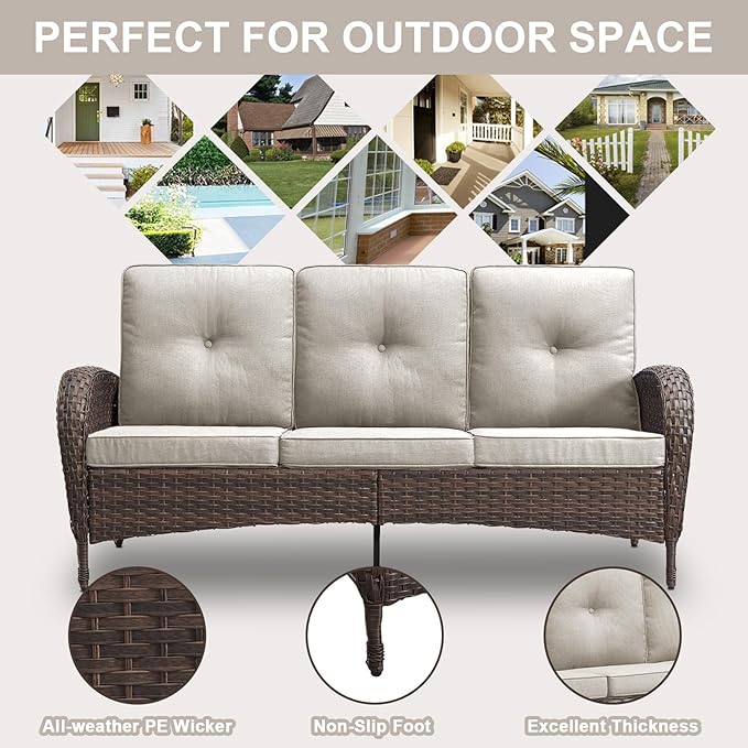 Belord Outdoor Patio Furniture - Wicker Sofa with Removable Cushion, 3 Seater Rattan Couch with Deep Seat, High Backrest, All-Weather for Balcony, Deck, Backyard, Brown/Beige