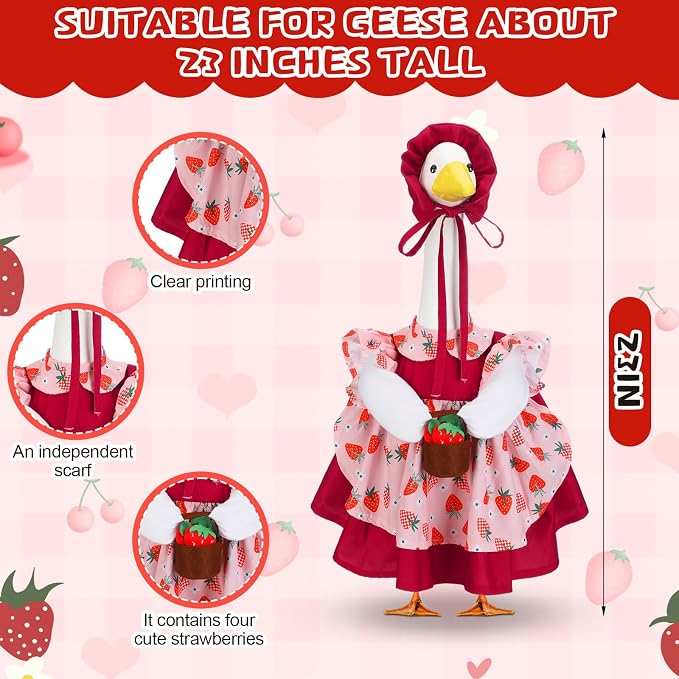 Abbylike Summer Porch Goose Outfits for 23''/17" Cement Statue Strawberry Goose Outfit Strawberry Gril with Basket Costume for Spring Summer Outdoor Yard Lawn Patio Decor