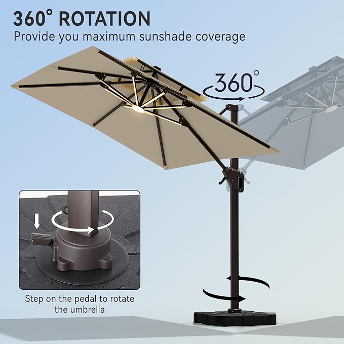 10' X 13' Cantilever Patio Umbrella with Base Included and Led Lights Double Top Rectangular Outdoor Large Offset Umbrellas with 7 Tilts Adjustable 360°Rotation for Deck Pool Garden Backyard, Beige