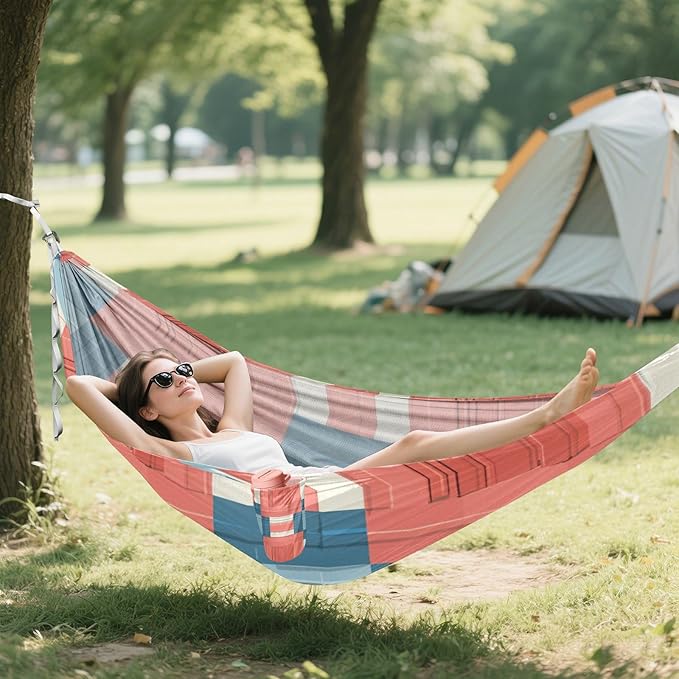 Light Red and Blue Checkered Pattern 330lb Capacity Outdoor Hammock with Portabl Carry Bag Indoor Hammock for Outside Beach Patio Garden Base de hamaca para adultos