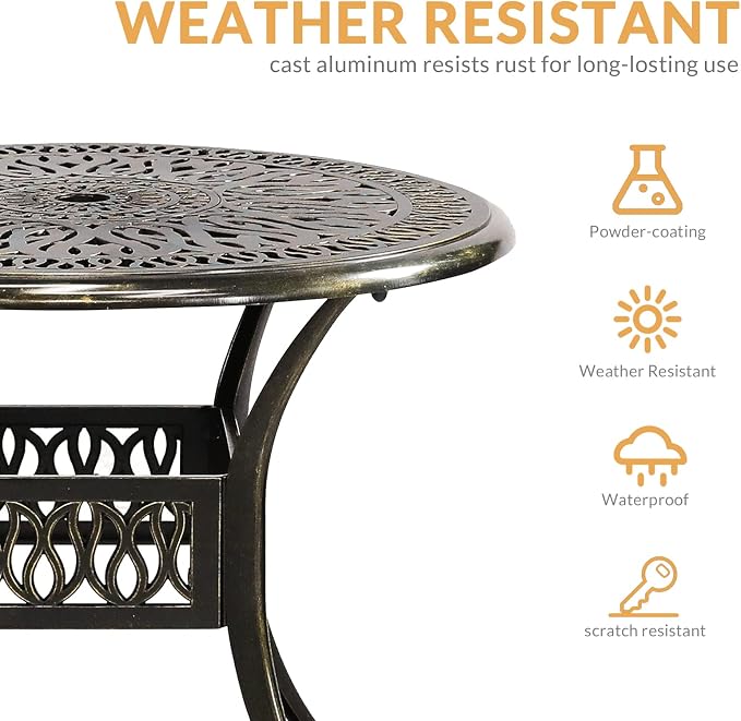 Outdoor Cast Aluminum Patio Table, 35.4” Round Bistro Table with 2” Umbrella Hole for Patio Furniture Garden Deck Backyard
