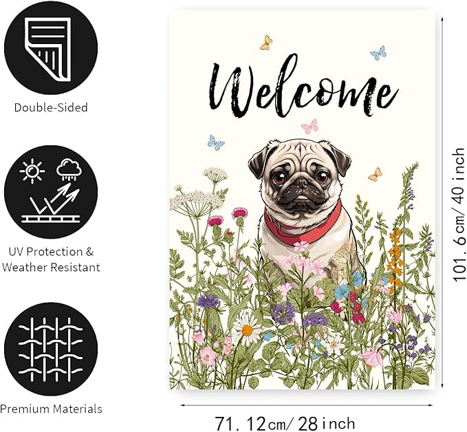 Floral Pug Garden Flag Spring Summer House Flags 28 x 40 Double Sided Flower Dog Yard Flags for Outside Large Outdoor Welcome Flags