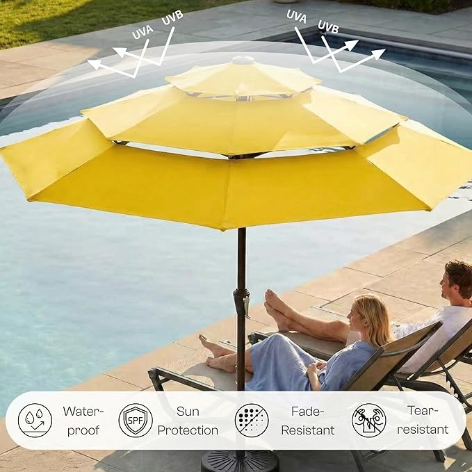 10ft 3-Tier Patio Umbrella with 32 Solar Powered LED Lights, Windproof Outdoor Market Umbrella for Deck, Poolside & Garden, Sturdy Push-Button Tilt Table Umbrella, Yellow