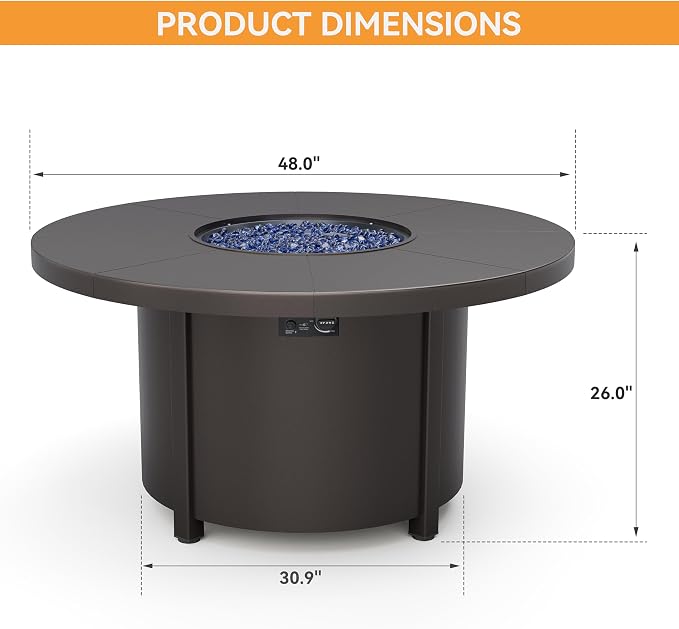 ALAULM 7-Piece Outdoor Dining Set for 6 Metal Outdoor Patio Furniture with 6 Swivel Chairs & 40000 BTU Round Fire Pit Table for Patio, Backyard, Garden-DarkBlue