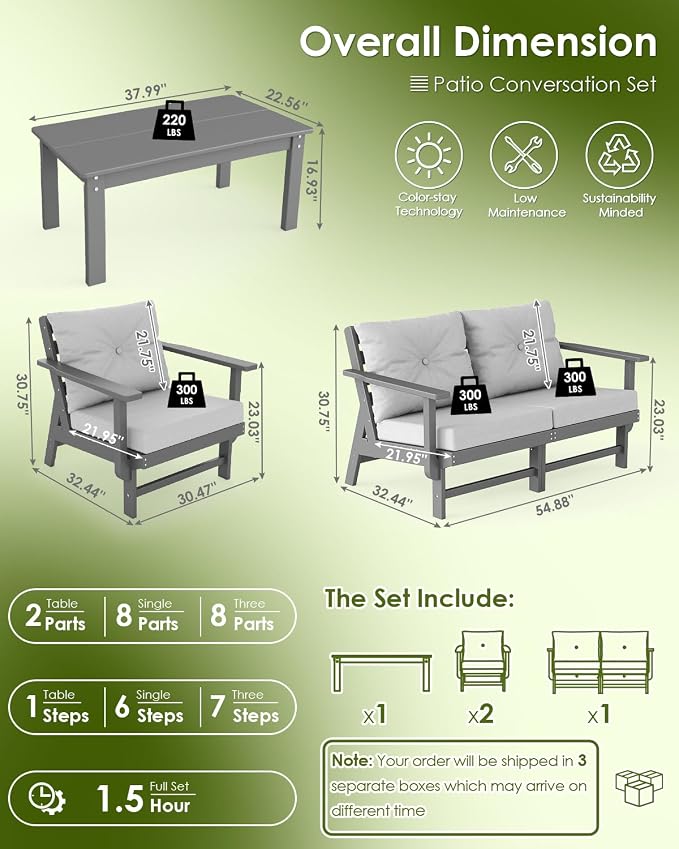 GREENVINES 5-Piece-Patio-Furniture-Set | HDPE Plastic | Outdoor Sectional Conversation Sets | All-Weather Couch | Sofa with Coffee Table | Detachable Armrests | for Deck Lawn | Gray