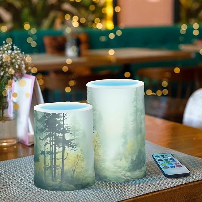 Watercolor Forest Pattern Flameless Candles Color Changing LED Candles with Remote Control Battery Candles for Outdoor and Indoor Home and Room Decoration, 3'' x 4''/5'' Set of 2 Pieces