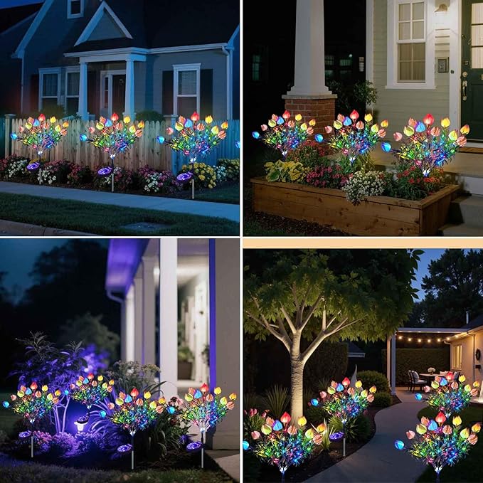 Solar Garden Lights, 7 Heads Gardenia Colorful Flower Light Waterproof Solar Outdoor Lights for Yard Pathway Decor, Two Lightning Modes, 2 Pack Pink