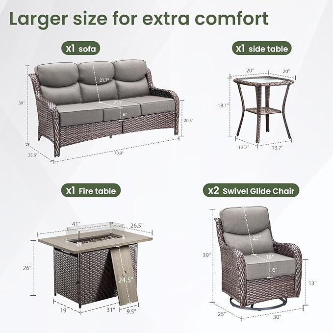 Luxury Patio Furniture Set with 6-inch Thick Cushion, Outdoor Furniture with Fire Pit Table, Swivel Chairs, Side Table, Sofa, 5pcs Wicker Conversation Set for Deck Yard and Poolside(Grey)
