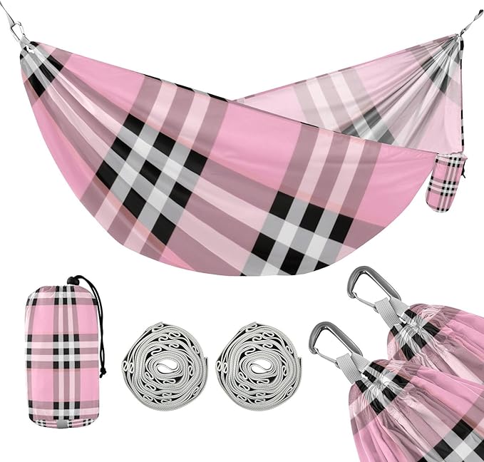Black White Pink Checkered Plaid 330lb Capacity Camping Hammocks with Portabl Carry Bag Swing Hammock for Indoor Outdoor Patio Silla colgante para Patio Exterior
