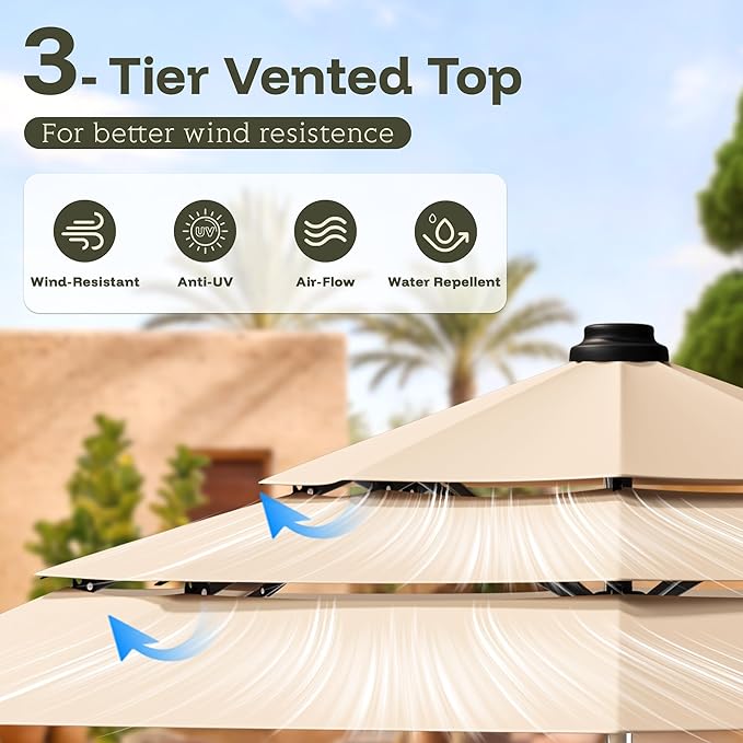 GDPFN 10FT Patio Table Umbrella Outdoor, 3 Tier Tilting Vented Windproof Market Umbrella for Outside, Outdoor Sun Shade for Inside of Pool, Deck, Backyard, Garden, Beige (No Base)